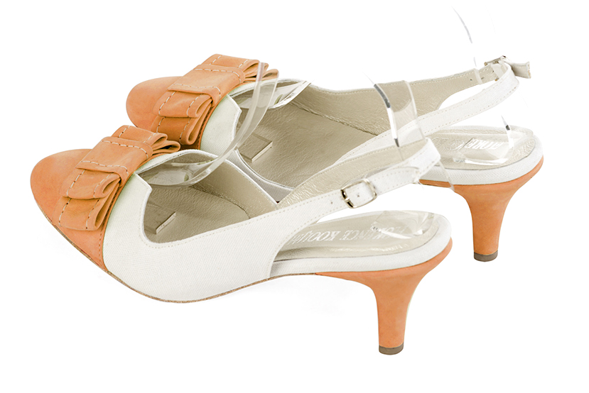 Marigold orange and off white women's open back shoes, with a knot. Round toe. Medium slim heel. Rear view - Florence KOOIJMAN